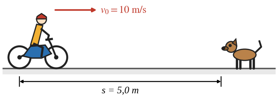 Người đi xe với vận tốc v0 = 10 m/s phanh lại trước chú chó, vết phanh dài s = 5,0 m